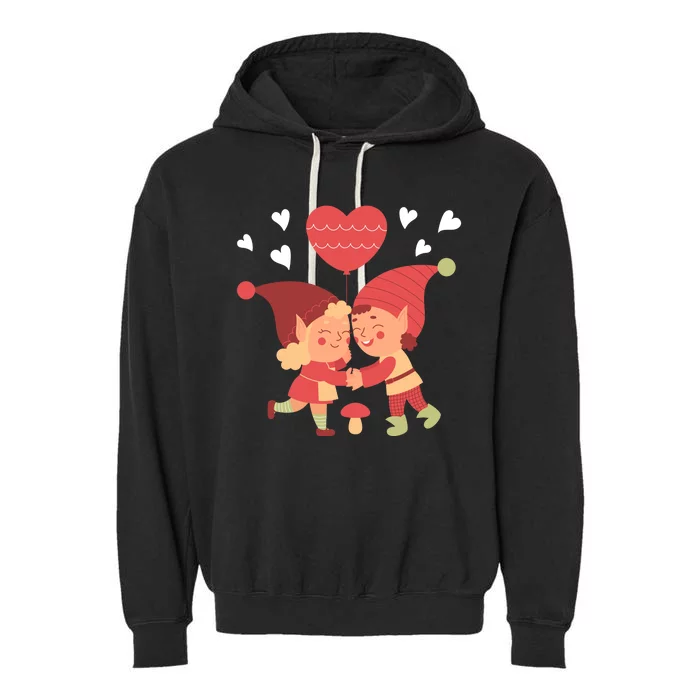 Gnomes In Love Holding Onto A Heart Balloon Happy Valentines Day Garment-Dyed Fleece Hoodie