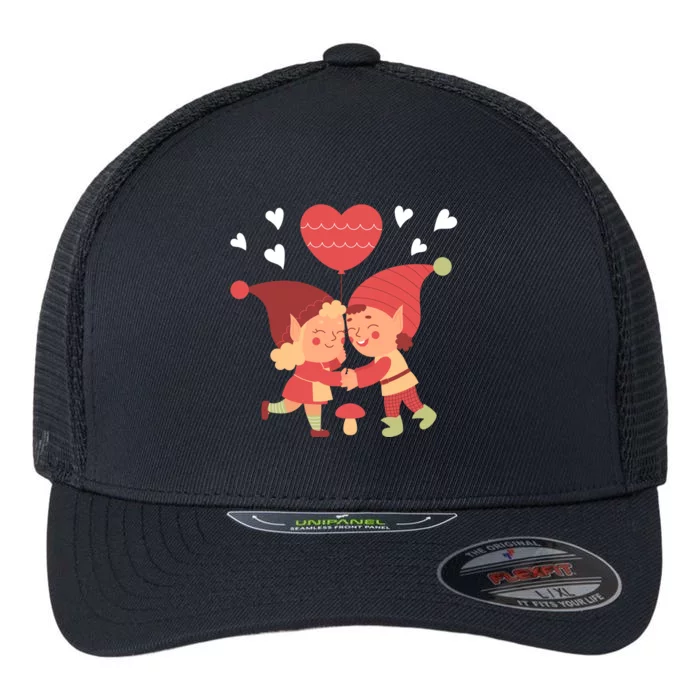 Gnomes In Love Holding Onto A Heart Balloon Happy Valentines Day Flexfit Unipanel Trucker Cap