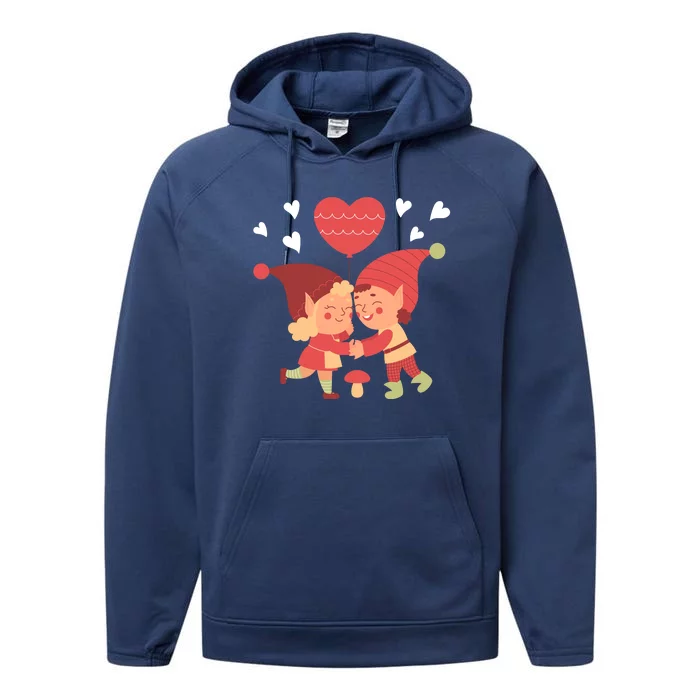 Gnomes In Love Holding Onto A Heart Balloon Happy Valentines Day Performance Fleece Hoodie