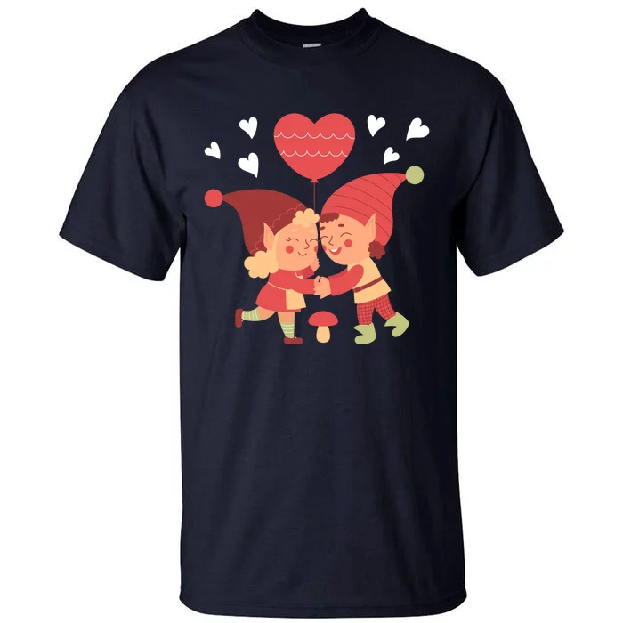 Gnomes In Love Holding Onto A Heart Balloon Happy Valentines Day Tall T-Shirt