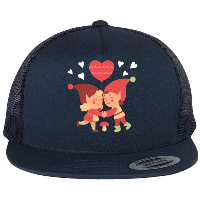 Gnomes In Love Holding Onto A Heart Balloon Happy Valentines Day Flat Bill Trucker Hat