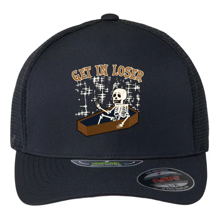 Get In Loser Funny Skeleton Halloween Flexfit Unipanel Trucker Cap