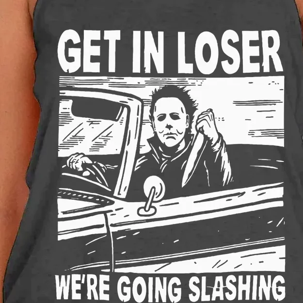 Get In Loser We're Going Slashing Horror Character Halloween Women's Knotted Racerback Tank