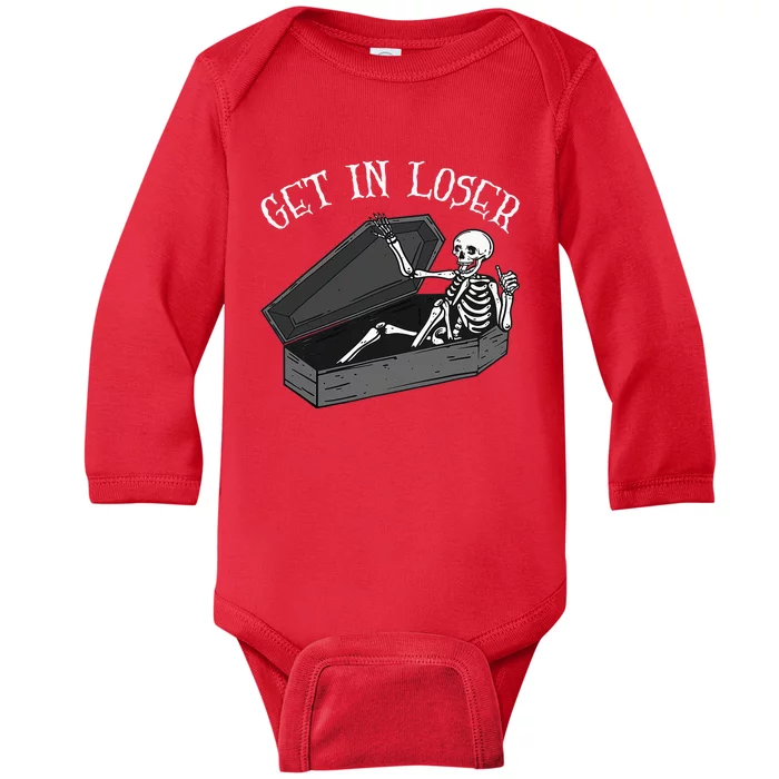 Get In Loser Skeleton In Coffin Halloween Baby Long Sleeve Bodysuit