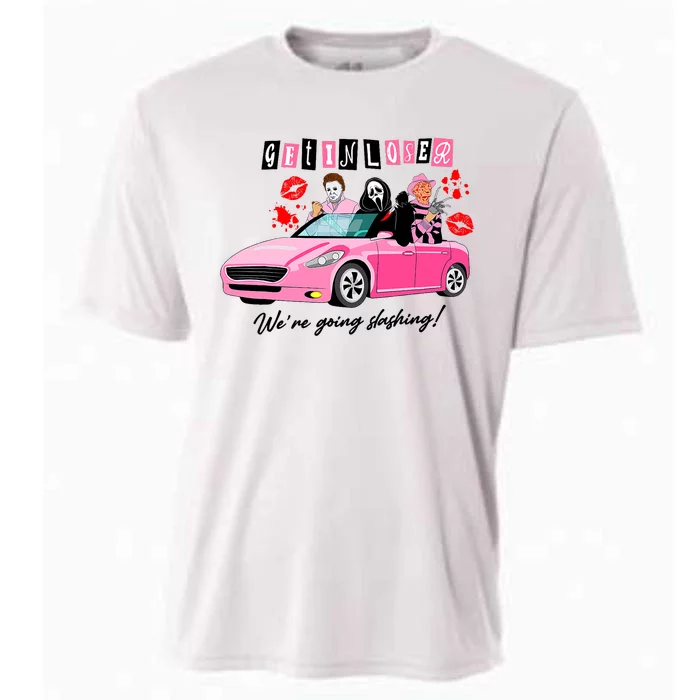 Get In Loser Were Going Slashing Pink Car Horror Character Cooling Performance Crew T-Shirt