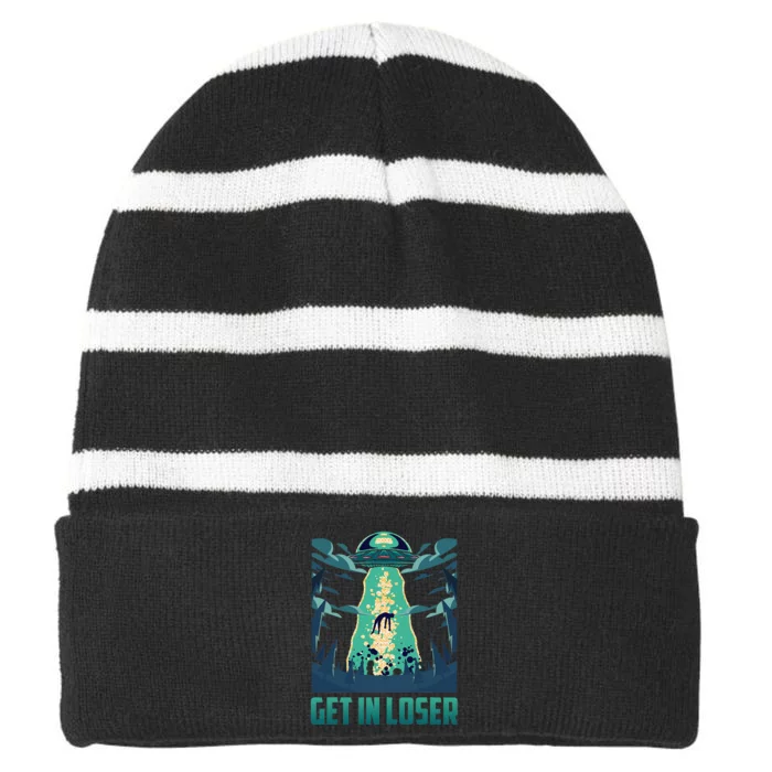 Get In Loser Funny Ufo Alien Striped Beanie with Solid Band