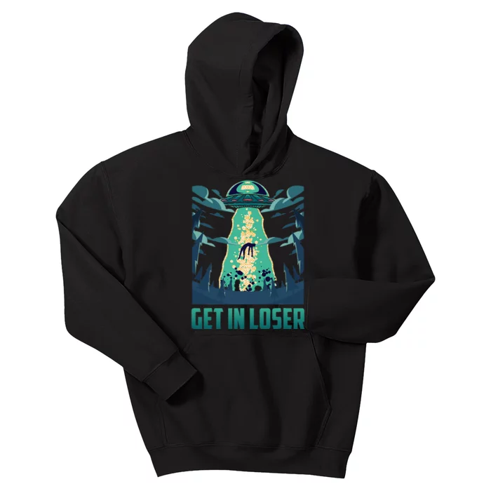 Get In Loser Funny Ufo Alien Kids Hoodie