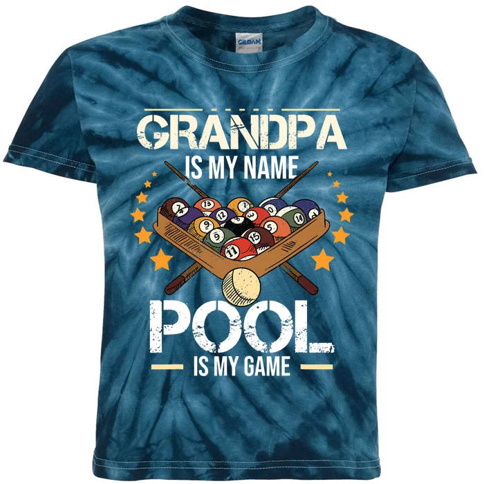 Grandpa Is My Name Pool Is My Game | Funny Billiard Player Kids Tie-Dye T-Shirt