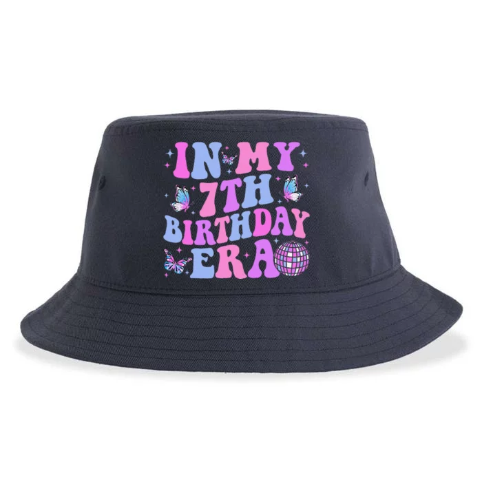 Groovy In My 7th Birthday Era Seven 7 Years Old Birthday Sustainable Bucket Hat