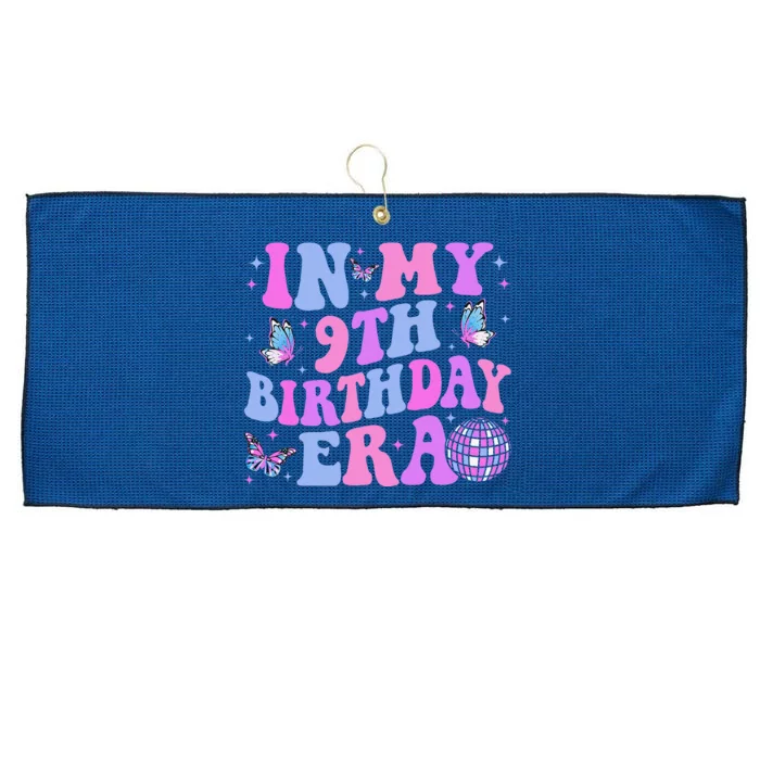 Groovy In My 9th Birthday Era Nine 9 Years Old Birthday Large Microfiber Waffle Golf Towel