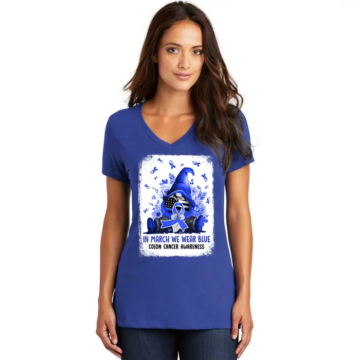 Gnome In March We Wear Blue Ribbon Colon Cancer Awareness Meaningful Gift Women's V-Neck T-Shirt