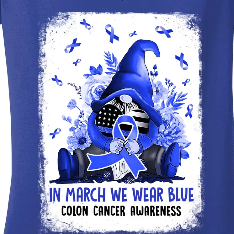 Gnome In March We Wear Blue Ribbon Colon Cancer Awareness Meaningful Gift Women's V-Neck T-Shirt