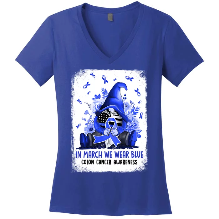 Gnome In March We Wear Blue Ribbon Colon Cancer Awareness Meaningful Gift Women's V-Neck T-Shirt