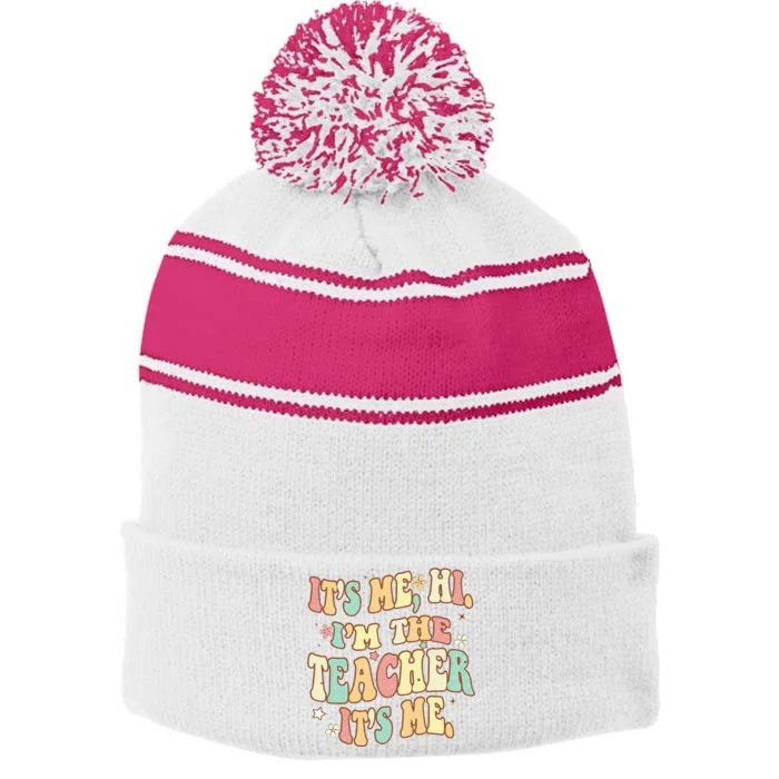 Groovy Its Me Hi Im The Teacher It’s Me Back To School Gifts Stripe Pom Pom Beanie