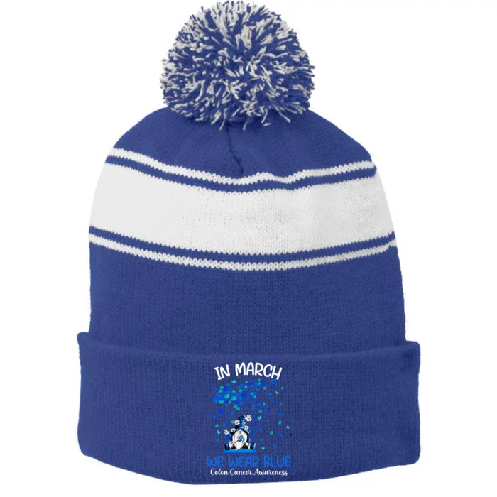 Gnome In March We Wear Blue Clothing Colon Cancer Awareness Cute Gift Stripe Pom Pom Beanie