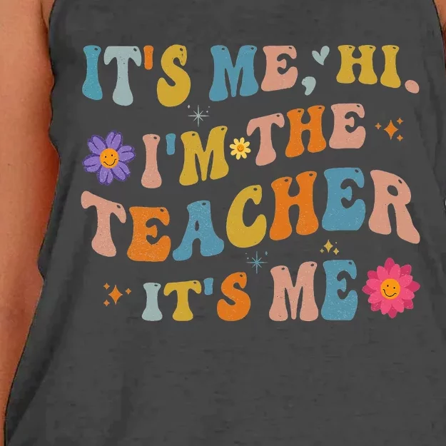 Groovy It's Me Hi I'm The Teacher It's Me Funny Teacher Women's Knotted Racerback Tank