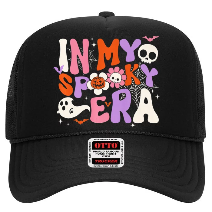 Groovy In My Spooky Era Retro Halloween Ghost Scary Horror High Crown Mesh Trucker Hat