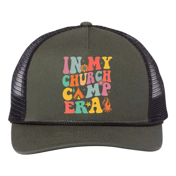 Groovy In My Church Camp Era Summer Camp Camping Funny Retro Rope Trucker Hat Cap