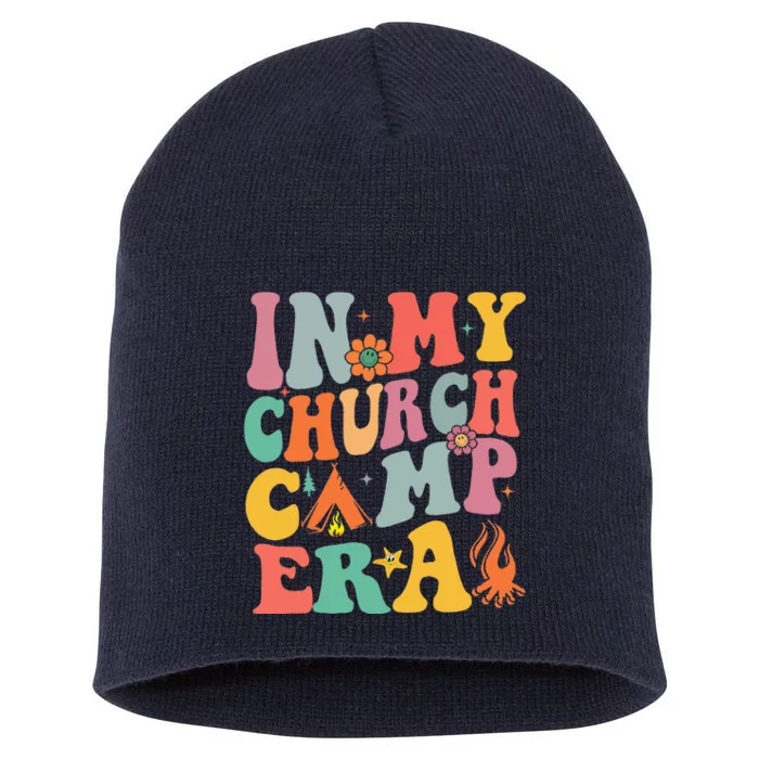 Groovy In My Church Camp Era Summer Camp Camping Funny Short Acrylic Beanie