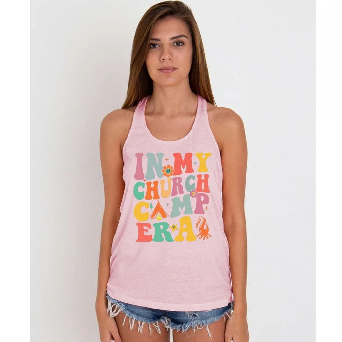 Groovy In My Church Camp Era Summer Camp Camping Funny Women's Knotted Racerback Tank