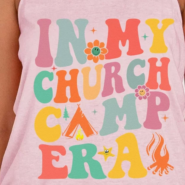 Groovy In My Church Camp Era Summer Camp Camping Funny Women's Knotted Racerback Tank