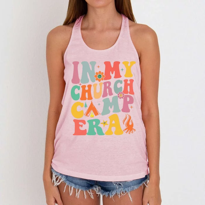 Groovy In My Church Camp Era Summer Camp Camping Funny Women's Knotted Racerback Tank