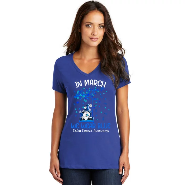 Gnome In March We Wear Blue Clothing Colon Cancer Awareness Gift Women's V-Neck T-Shirt