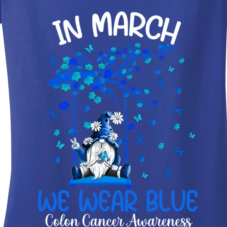 Gnome In March We Wear Blue Clothing Colon Cancer Awareness Gift Women's V-Neck T-Shirt