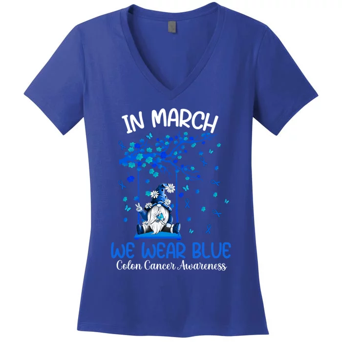 Gnome In March We Wear Blue Clothing Colon Cancer Awareness Gift Women's V-Neck T-Shirt