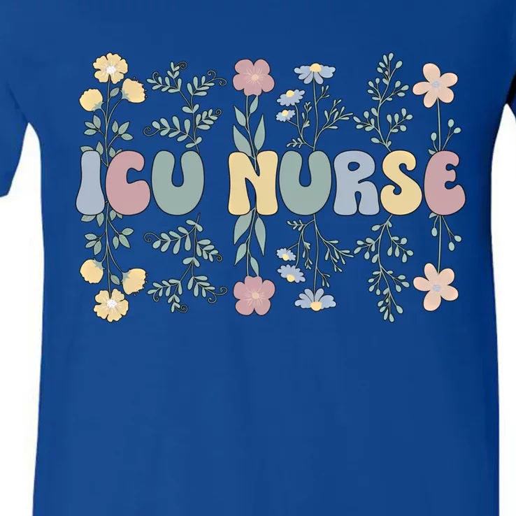 Groovy Icu Nurse Flowers Intensive Care Unit Nurse Gift V-Neck T-Shirt