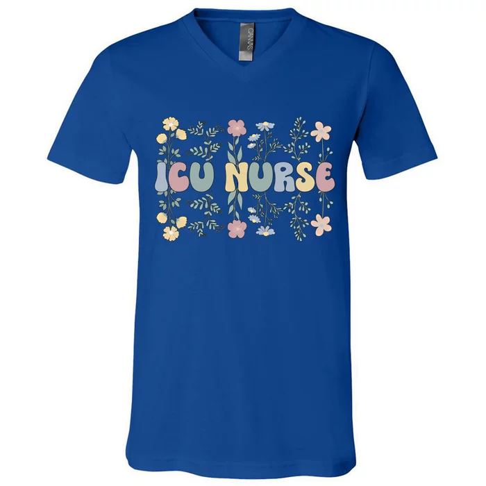 Groovy Icu Nurse Flowers Intensive Care Unit Nurse Gift V-Neck T-Shirt