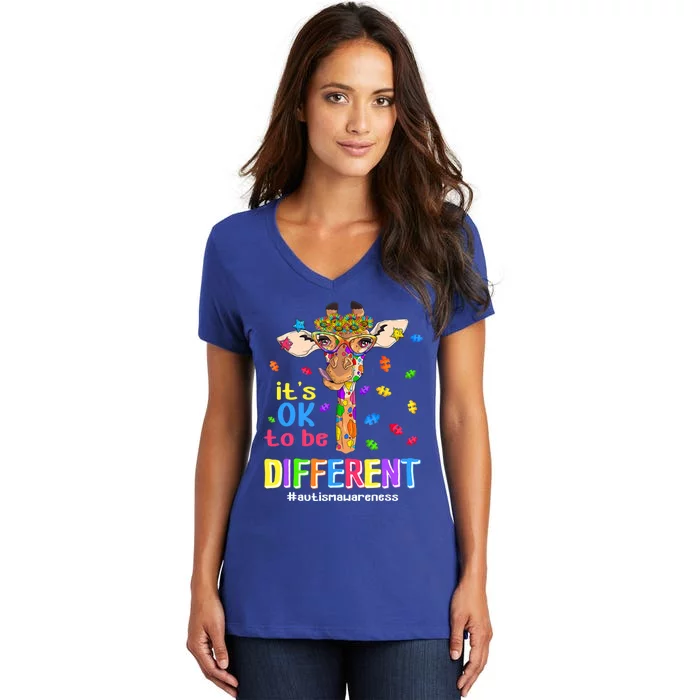 Giraffe It's Ok To Be Different Autism Awareness Acceptance Cute Gift Women's V-Neck T-Shirt