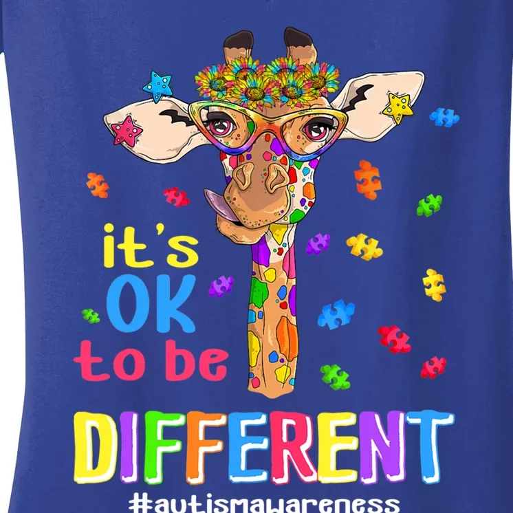 Giraffe It's Ok To Be Different Autism Awareness Acceptance Cute Gift Women's V-Neck T-Shirt