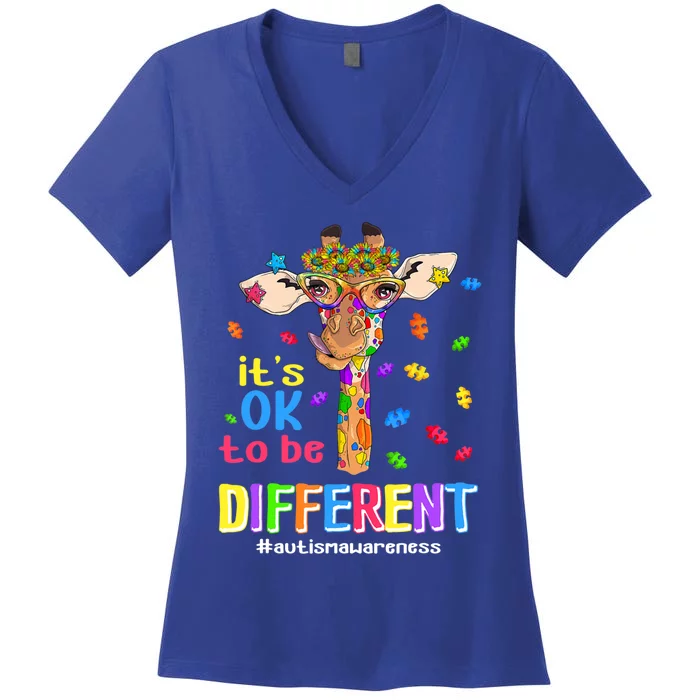 Giraffe It's Ok To Be Different Autism Awareness Acceptance Cute Gift Women's V-Neck T-Shirt