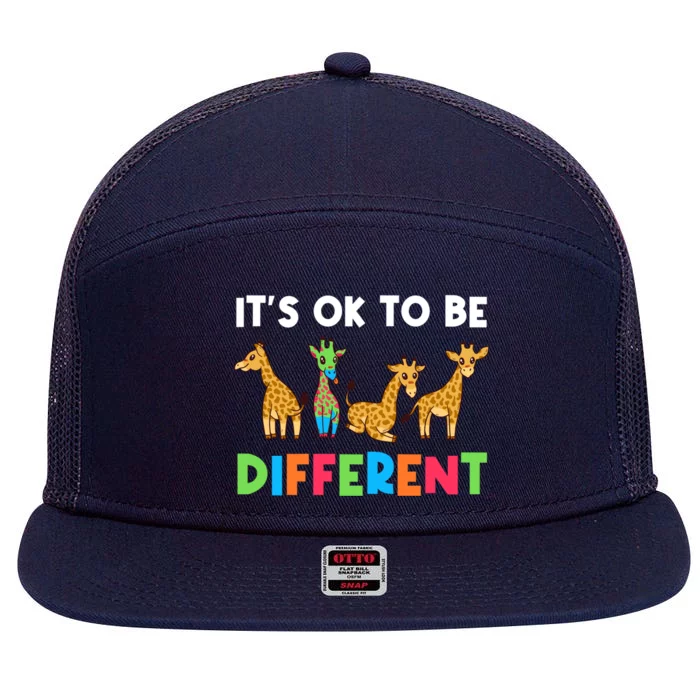 Giraffes Its Ok To Be Different Autism Awareness Giraffe Cute Gift 7 Panel Mesh Trucker Snapback Hat