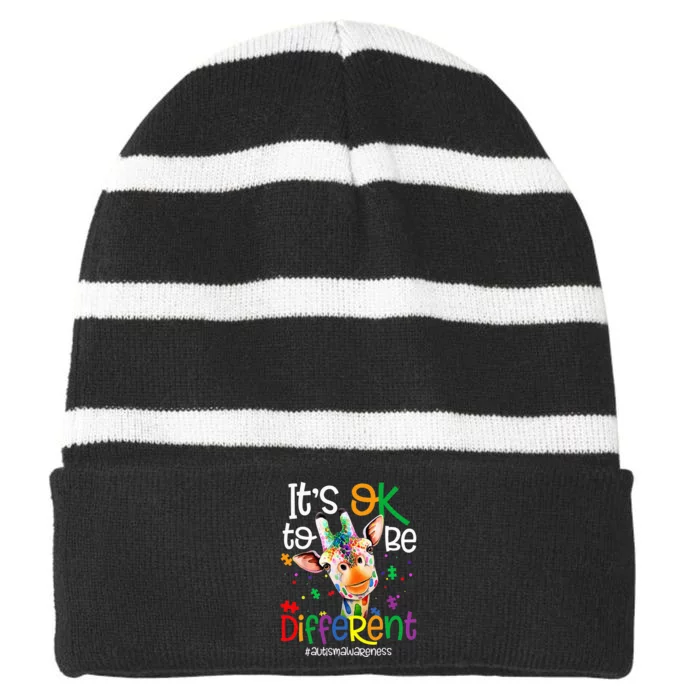 Giraffe It's Okay To Be Different Autism Awareness Striped Beanie with Solid Band