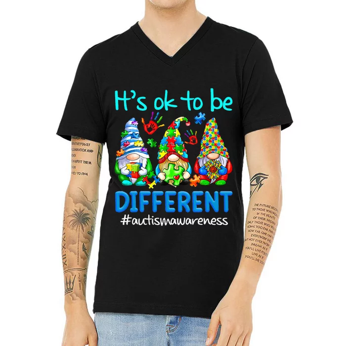 Gnomes Its Ok To Be Different Autism Acceptance V-Neck T-Shirt