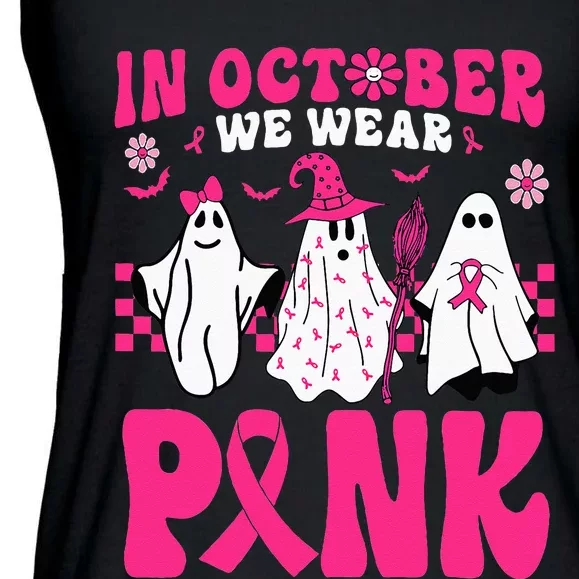 Groovy In October We Wear Pink Ghost Halloween Breast Cancer Ladies Essential Flowy Tank