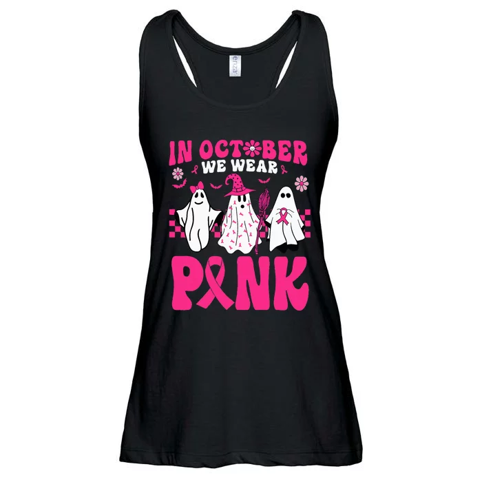 Groovy In October We Wear Pink Ghost Halloween Breast Cancer Ladies Essential Flowy Tank