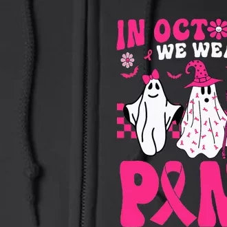 Groovy In October We Wear Pink Ghost Halloween Breast Cancer Full Zip Hoodie