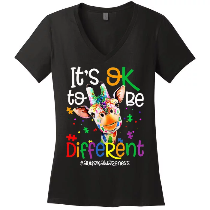 Giraffe It's Okay To Be Different ASD Awareness Women's V-Neck T-Shirt