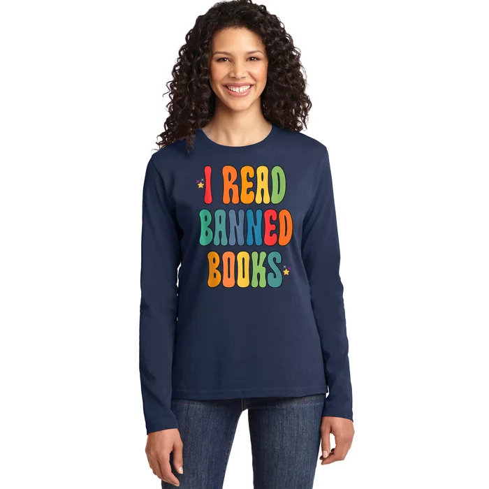 Groovy I Read Banned Books Librarian Reader Bookworm Ladies Long Sleeve Shirt