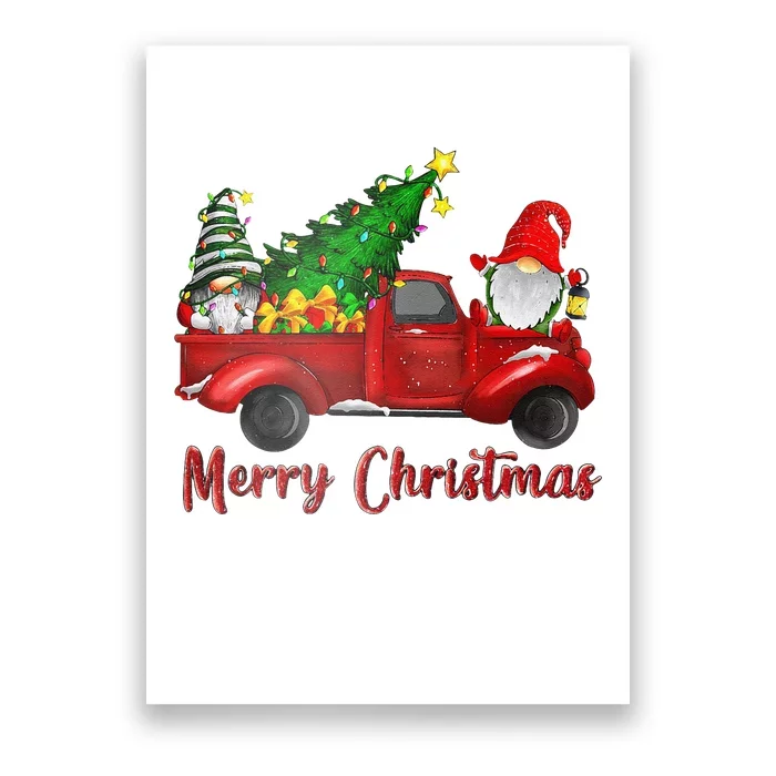 Gnomes In Red Truck With Merry Christmas Tree Lights Poster