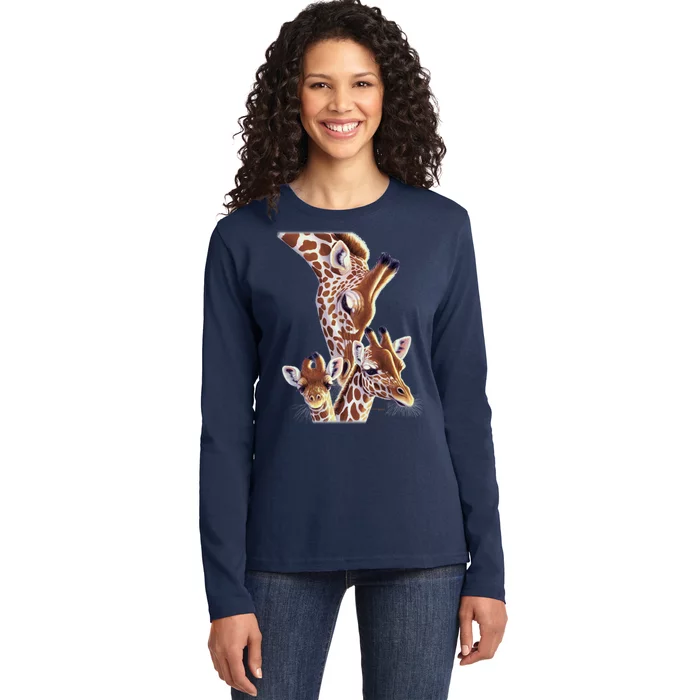 Giraffe Family A Nudge From Mom Ladies Long Sleeve Shirt