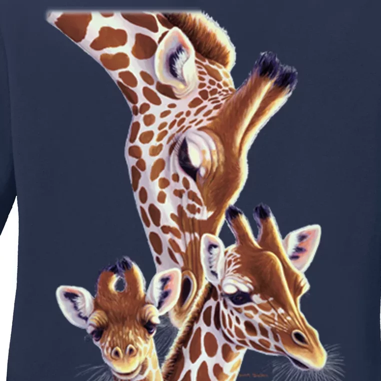 Giraffe Family A Nudge From Mom Ladies Long Sleeve Shirt