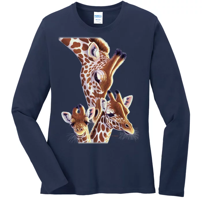 Giraffe Family A Nudge From Mom Ladies Long Sleeve Shirt