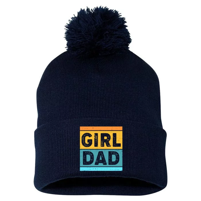 Girl Dad Distressed Color Block Pom Pom 12in Knit Beanie