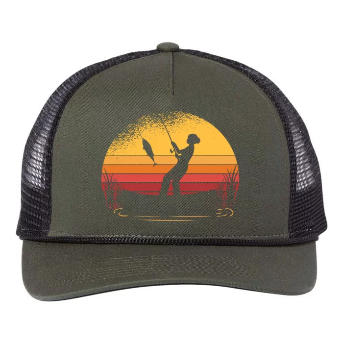 Girl Fishing Sunset Retro Rope Trucker Hat Cap