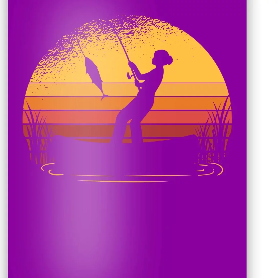 Girl Fishing Sunset Poster