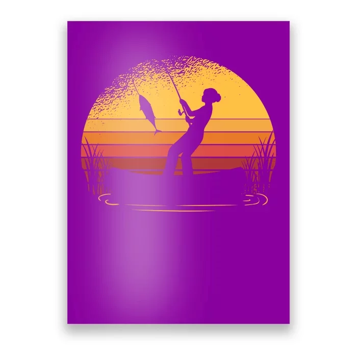 Girl Fishing Sunset Poster